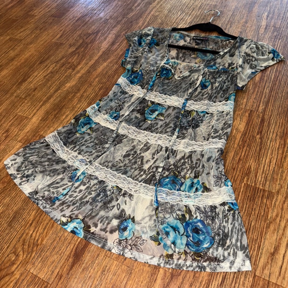 Self Esteem Tunic Top Y2K Sheer Floral Lace Babydoll Blue Gray Medium Fairycore - Picture 3 of 9